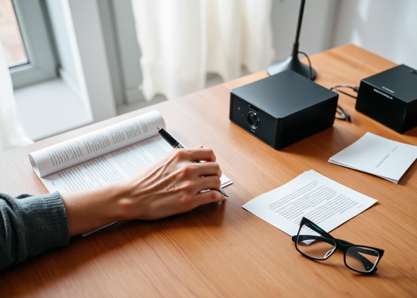A desk in a bright Scandinavian office with a printed document and a small dark server appliance